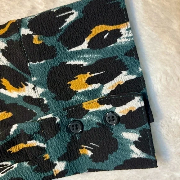 Express Dress Small Olive Green Animal Print Black Mustard Cream Mini Faux Wrap - Picture 15 of 15